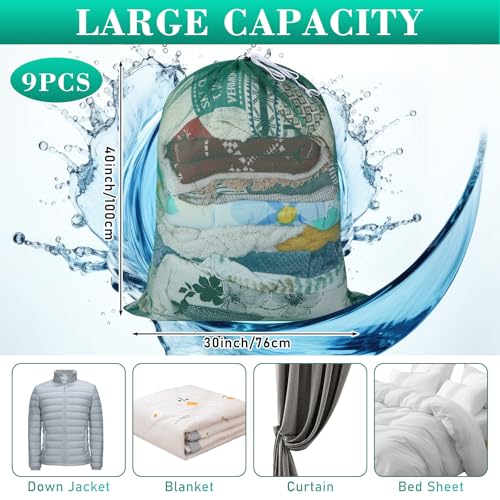 Windyun 9 Pcs Mesh Laundry Bags Drawstring Lockable Travel Storage, Green - color: Green