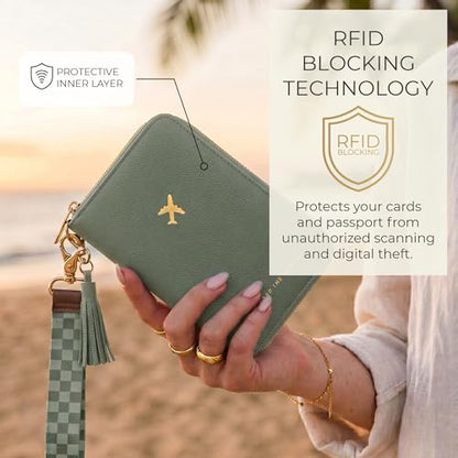 Beautiful Passport Holder And Travel Wallet with Wristlet Strap - color: Sage