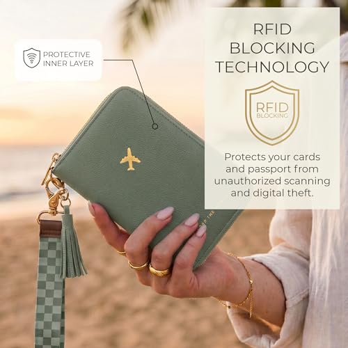 Beautiful Passport Holder And Travel Wallet with Wristlet Strap - color: Sage