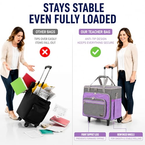 Rolling Craft Bag With Wheels, Teacher Organizer Tote With Detachable Trolley - color: purple, size: 2 Wheels & Fixed Front Feet