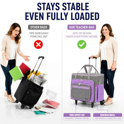 Rolling Craft Bag With Wheels, Teacher Organizer Tote With Detachable Trolley - color: purple, size: 2 Wheels & Fixed Front Feet