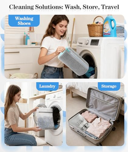 3-IN-1 Laundry & Shoe Washing Machine Bag : Laundry Shoe Bag for Washer & Dryer,Shoe Cleaning Bag for Sneakers,Tennis,Self-locking Zipper & Microfiber,Include 3 Laundry Bag & 2 Shoe Bag (Grey 2PC) - color: Grey 2PC