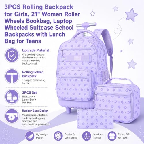 3Pcs Rolling Backpack for Girls Women, School Kids Roller Bookbag with Wheels, Wheeled Backpacks Set for Elementary (Purple) - color: Star Purple