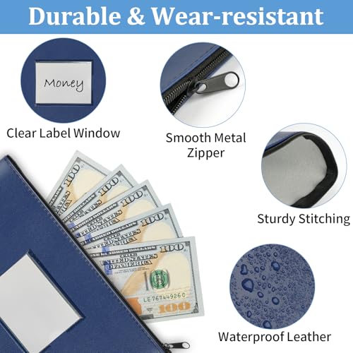 2 Pack PU Leather Bank Money Bags with Zipper & Label, Navy Blue - color: Navy Blue