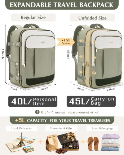 ZOMFELT Personal Item Travel Bag 18x14x8 Expandable 40L-45L Travel Backpack