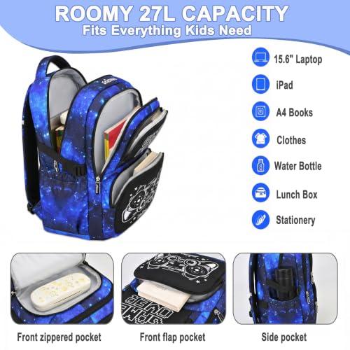 Boys Backpack Set 3PCS Ages 6-12, Kids School Backpack - color: Gamer Starry Blue