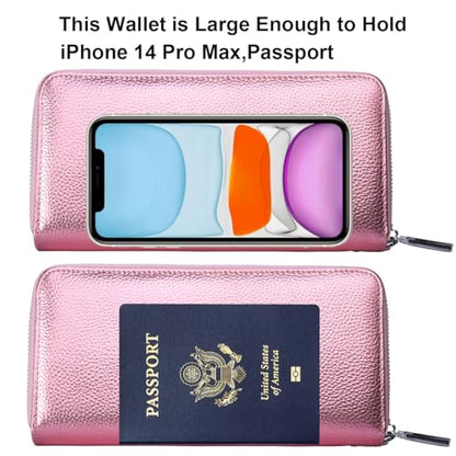 Lavemi Women's RFID Blocking 100% Leather Large Capacity Zip Around Wallet Phone Holder Clutch Travel Purse Wristlet(Large Size Pebbled Rose Gold) - color: 1- Pebbled Rose Gold, size: One Size