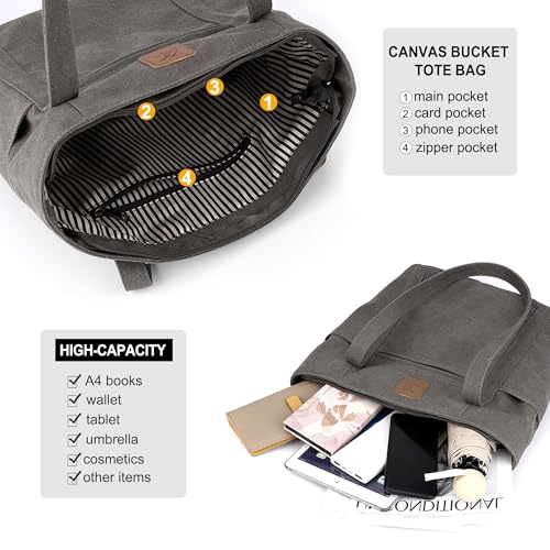 Light Canvas Shoulder Bag for Women Retro Bucket Tote - color: Gray