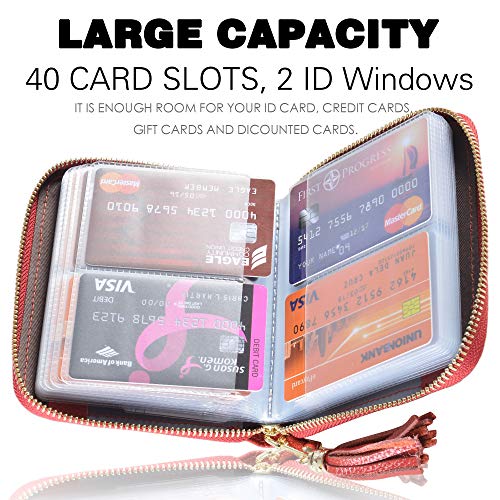 Easyoulife Womens Credit Card Holder Wallet Zip Leather Card Case RFID Blocking (Red) - color: Red