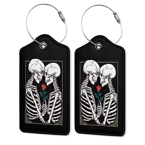 Luggage Tag for Suitcase,Gothic Skull Lovers Rose Unique Travel Tags with Privacy Cover ID Label & Stainless Steel Loop for Men Women - color: Skull