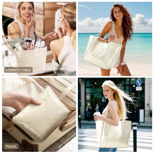 KALIDI PVC Tote Bag Women Large Kraft Paper Travel Beach Bag Jelly Purses - color: #2 Beige Set