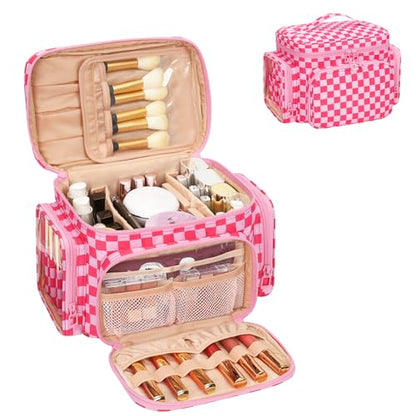 Bagmoly Large Makeup Bag, Travel Makeup Cosmetic Bag for Girls, Hotpink - color: 04-Hotpink Checkerboard, size: Medium