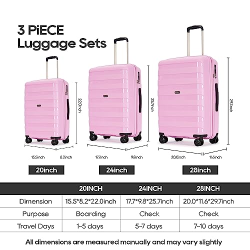 GinzaTravel PP material 3-piece expandable luggage sets with Spinner Wheels， Suitcase with TSA Lock，Large Luggage for Family Travel carry on 20/24/28，Light pink color - color: Light pink