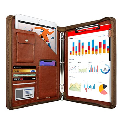 WRIYES Zippered Portfolio Organizer with 3 Ring Binder, Brown - color: Brown2