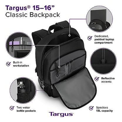 Targus 15-16 Inch Classic Laptop Backpack - Fits Most Laptops up to 16", Padded Travel Backpack for Business Commuters, College, and Travel (TBB943GL)