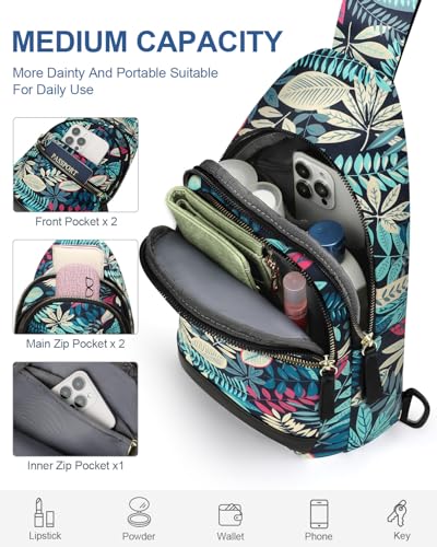 Capolo Crossbody Bags for Women Waterproof Sling Shoulder Bag Fanny Pack - color: Blue Leaves, size: Medium