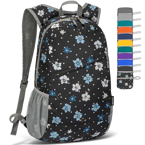 ZOMAKE Lightweight Packable Backpack 20L, Foldable Small Daypack for Hiking - color: Black, White Polka Dot Floral