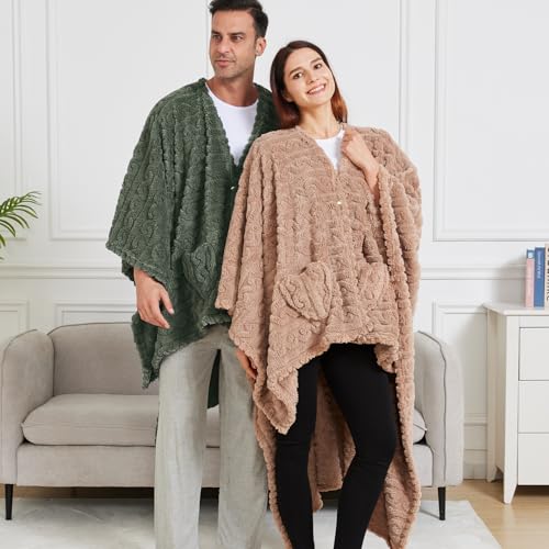 Wearable Blanket Poncho Cape Wrap for Adult, Cozy Sherpa Fleece Pocketed Shawl TV Throw Blankets for Office and Lounge,Green - color: Green