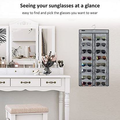 Dual Sided Hanging Sunglasses Organizer Wall Eyeglass Holder Sunglass Rack for Home with 32 Dust Proof Pockets (32 Pockets-Grey) - color: 32 Pockets-Grey