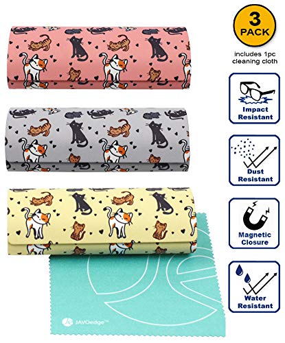 JAVOedge [3 PACK], Various Pattern Long Oval Hard Glasses Case Includes Microfiber Cleaning Cloth - color: Multi-color (Cats)