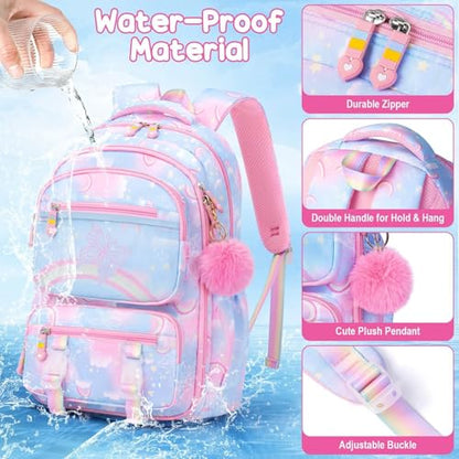 Fimibuke 3PCS Kids Backpack for School Girls with Lunch Box & Pencil Case - color: Blue Rainbow