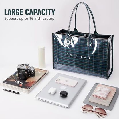 KALIDI PVC Tote Bag Women’s Kraft Paper Work Handbags Purses with Top Handle - color: Plaid Green