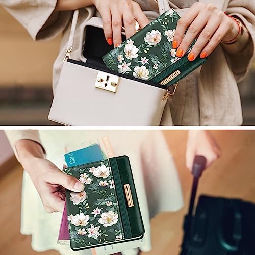Coco Rossi Passport Holder Cover, RFID Travel Wallet Women Card Holder - color: Green Flower