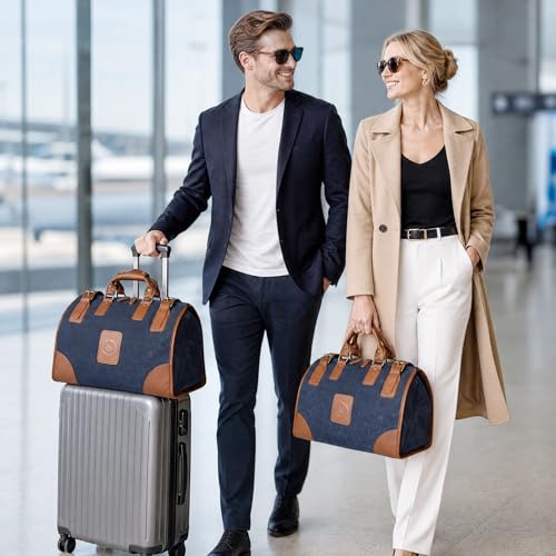 Canvas + Leather Travel Luggage Tote Duffle Gym Suitcase Weekender Overnight Bag For Men Male FB8151 (8151-The Blue) - color: The Blue