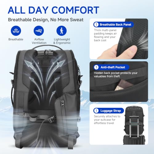 SWICKY Travel Backpack for Men, 40L Carry On Backpack Flight Approved - color: Black, size: Large-40L