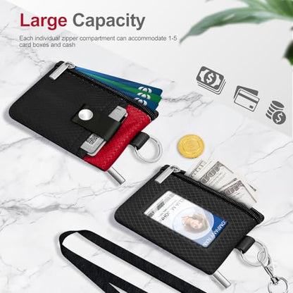 Minimalist RFID Blocking Small Wallet with ID Window,WaterResistant Zip Id Case Wallet with Lanyard Keychain for Cards,Cash,Travel,Women,Men (Black/Red) - color: Black/Red