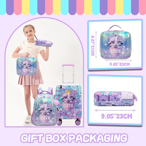 Kids Suitcase Set for Girls Hardside Luggage with Spinner Wheels 5 Piece 16inch Toddler Suitcase for Girls Travel Carry on Luggage Airline Approved - color: A Cat Purple