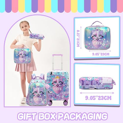 Kids Suitcase Set for Girls Hardside Luggage with Spinner Wheels 5 Piece 16inch Toddler Suitcase for Girls Travel Carry on Luggage Airline Approved - color: A Cat Purple