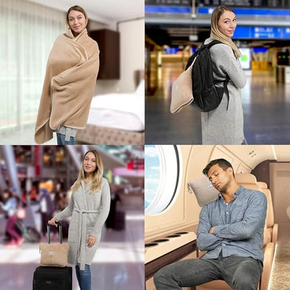 BlueHills Premium Soft Long Travel Blanket Pillow Tall, Airplane - Beige | Tall Travel Blanket Pillow in Bag, Backpack Clip, Ultrasoft Compact & Large, Long Flight Throw, Plane Essential Accessories - color: Beige-long-t053