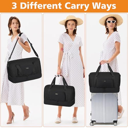 TIBES Travel Weekender Bag for Women, Overnight Bag with Shoe Compartment | 3PCS Large Travel Duffel Bag for Gym, Travel, Hospital, Business Trip, Carry On Tote, Wet & Dry Separation, Water Resistant - color: R-Black