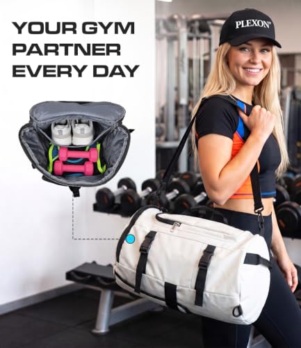 Plexon 2 in 1 Travel Duffle Bag Backpack 8.7 Gall for Sport Workout - color: Off-White
