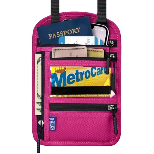 Passport Holder for Travel-RFID Blocking Neck Wallet-Money Pouch - color: Magenta
