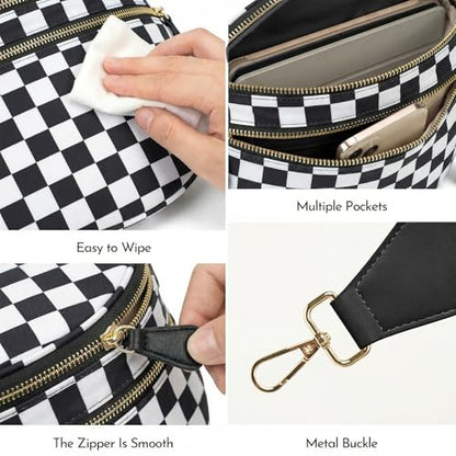 Checkerboard Crossbody Bag for Women, Expandable Plaid Belt Bag Nylon Fanny Pack with Multiple Pockets - color: Black White Checkered