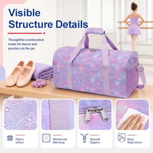 Bagseri Dance Bag for Girls - Kids Duffle Travel Bag with Shoe Compartment | Dry Wet Pockets, Ballet, Gymnastics, Sleepover and Weekend Tote Bag with Adjustable Strap, Purple Gradient Heart - color: G8-Purple Gradient Heart, size: Medium - 17.3 x 9 x 9.7