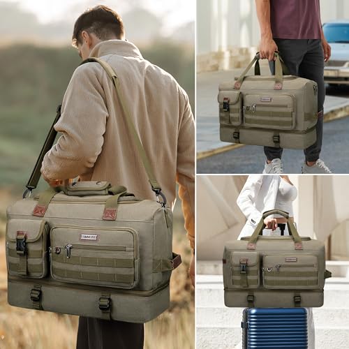 WITZMAN Duffle Bag for Men 60L Travel Canvas Weekender with Toiletry Bag - color: Army Green