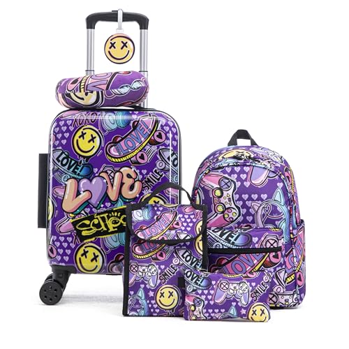16’’ Kid’s Luggage Set with Spinner Wheels, Hardside with Suitcases,6 Piece - color: Emoji
