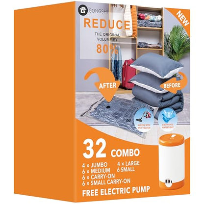 GONGSHI Vacuum Storage Bags with Electric Pump, 32-Piece Set