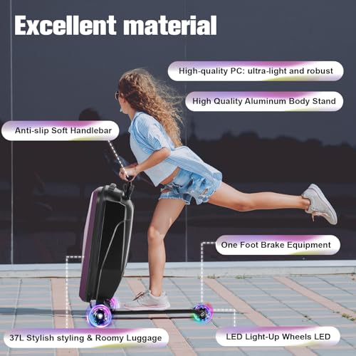 Scooter Luggage for Kids, Ride On Suitcase, Lightweight Foldable Luggage - color: Purple