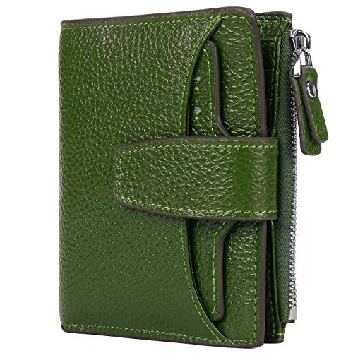Women's RFID Blocking Leather Small Compact Bi-fold Zipper Pocket Wallet Card Case Purse with id Window - color: Lichee Green
