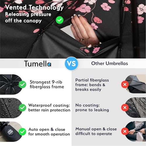TUMELLA Strongest Windproof Travel Umbrella (Compact, 100MPH Wind-Tested), Light, Portable, One-Handed Use, Automatic Folding Rain Umbrella, Durable, Premium Grip, Fits Car & Backpack - color: 1-pack Cherry Blossom