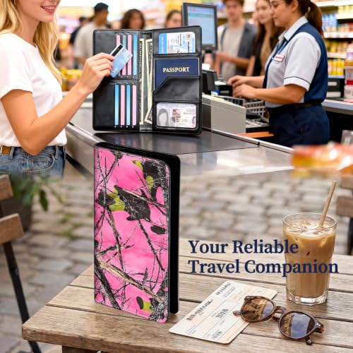 Passport Wallet for Women,Travel Wallet Passport Holder RFID Blocking - color: Pink Tree Branches