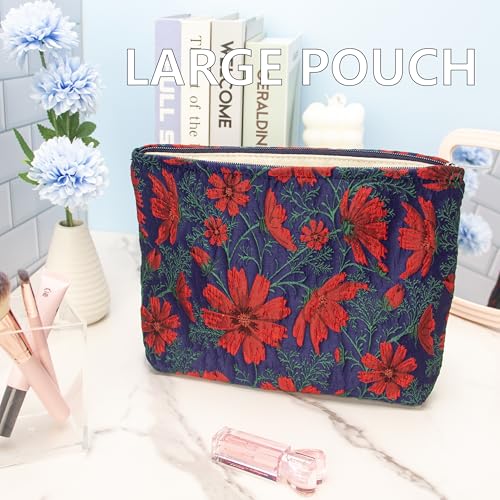 Flat Makeup Bag for Women,Zipper Cosmetic Pouch for Purse,Brocade Navy Blue - color: Brocade Navy Blue