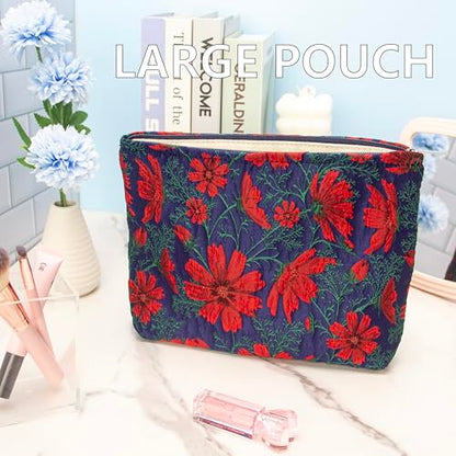 Flat Makeup Bag for Women,Zipper Cosmetic Pouch for Purse,Brocade Navy Blue - color: Brocade Navy Blue