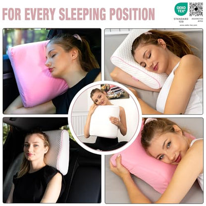 alkamto Travel & Camping Comfortable Memory Foam Pillow – Easy to Carry Portable Bag – Temperature Regulating Pillow Case (Pink Contour + Extra Cover) - color: Pink Contour + Extra Cover