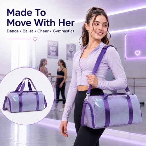 Dance Bag, Gym Bag for Girls, Kids Duffle Bag with Shoe & Wet Compartments - color: Purple