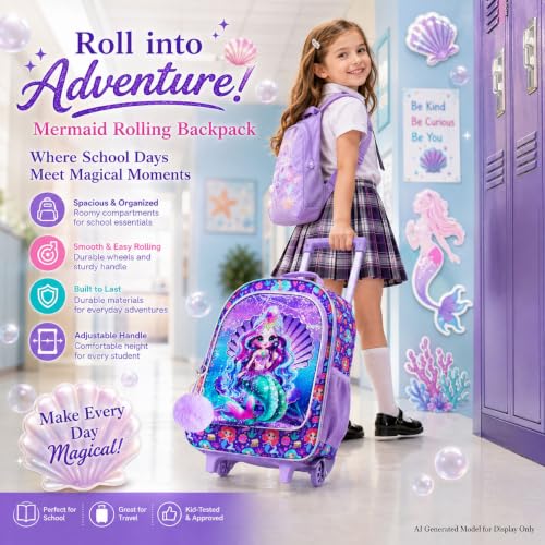 gxtvo Kids Rolling Backpack, Roller Wheels Boys Bookbag, Wheeled Suitcase Elementary School Bag-3PCS Dinosaur/Unicorn/Mermaid - color: Sequins Mermaid Rolling Backpack Purple